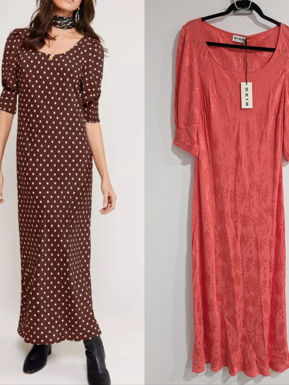 Rixo Oleander Coral Puff Sleeve Maxi Dress